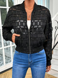 Black women's casual jacket with geometric pattern, semi-transparent fabric, front zipper, and long sleeves.