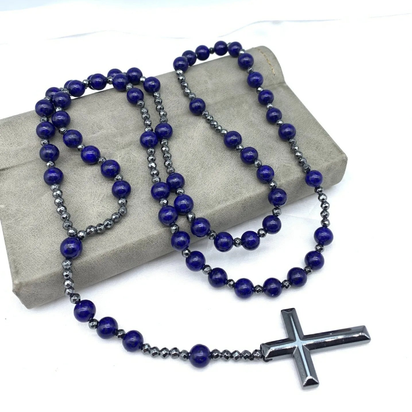 Men's stone geometric cross pendant necklace on an 80cm ball bead chain