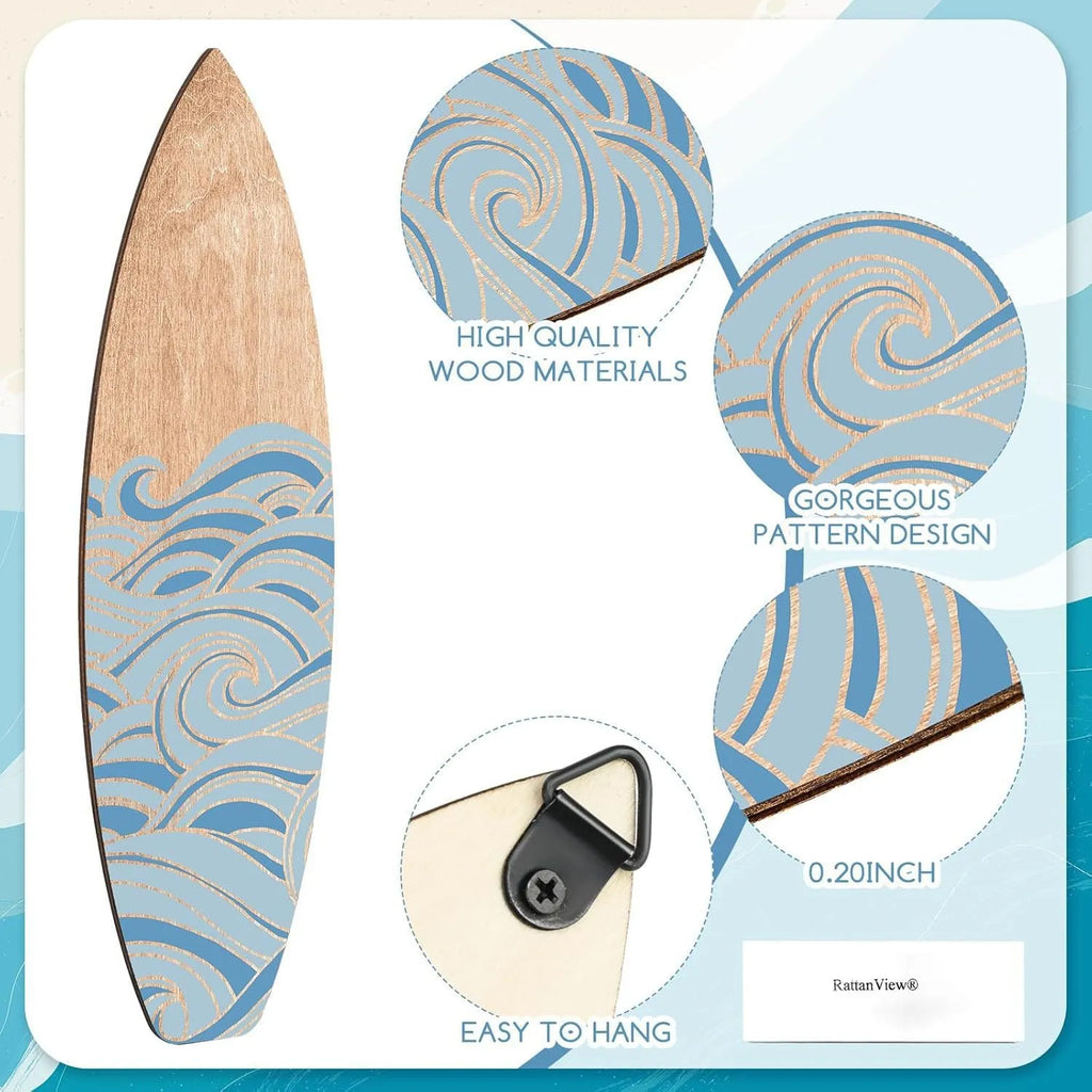 Three identical wooden surfboard wall decorations made from boxwood on a wall.