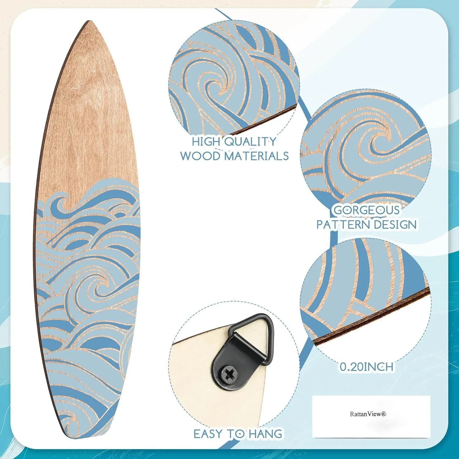 Three identical wooden surfboard wall decorations made from boxwood on a wall.
