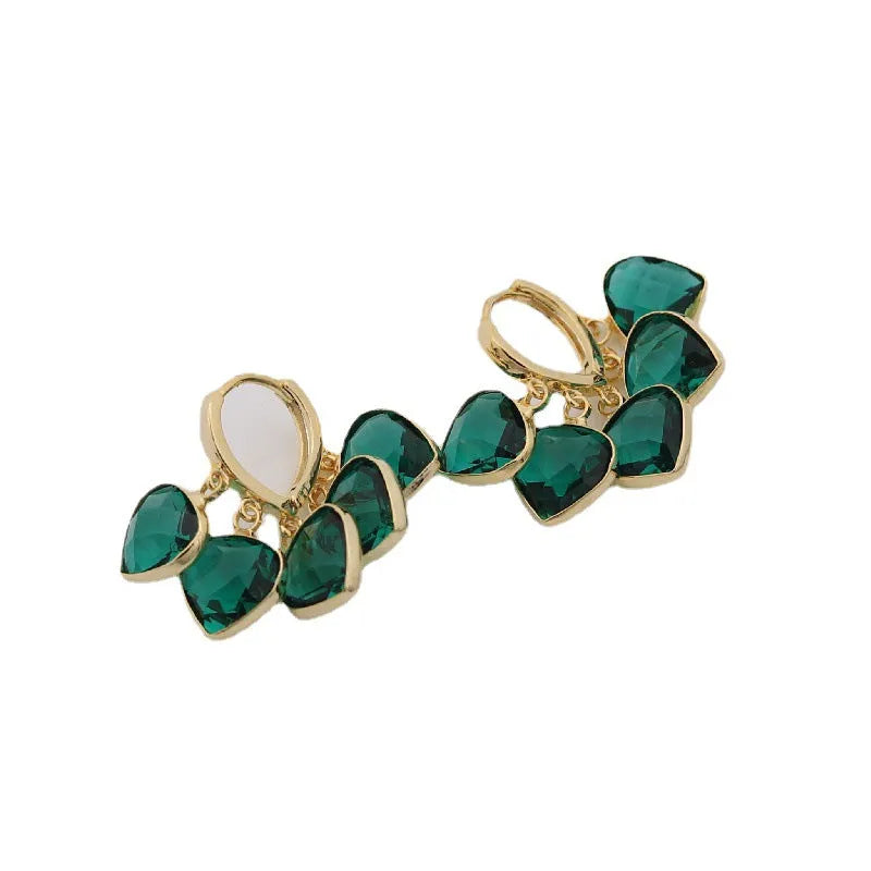 Green heart-shaped glass pendant clip-on earrings with Korean style design and artificial gemstone detailing