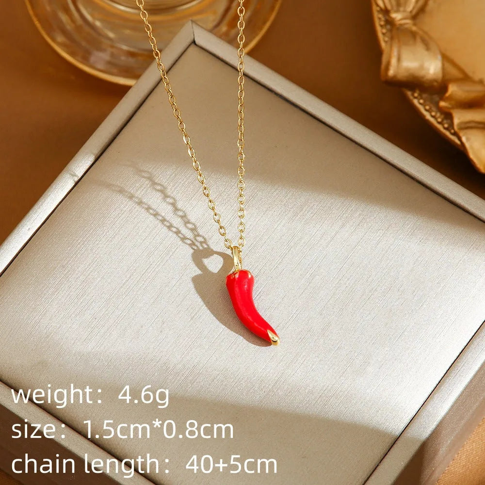 Titanium steel women's necklace with golden cherry pendant and O-ring chain design