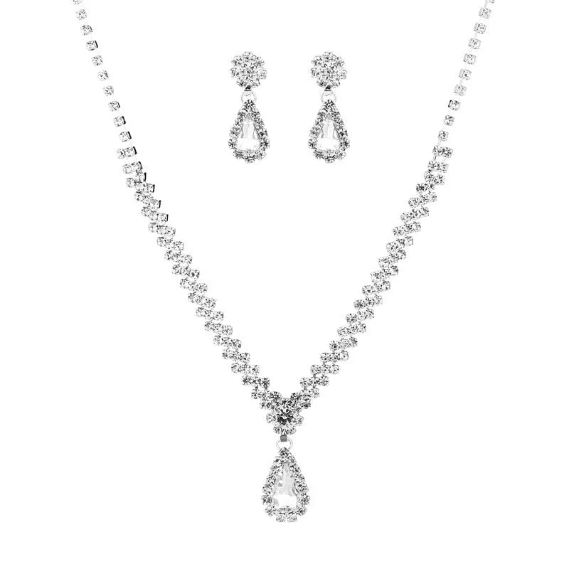Claw chain necklace and earrings set with drop-shaped rhinestones in choice of five colours
