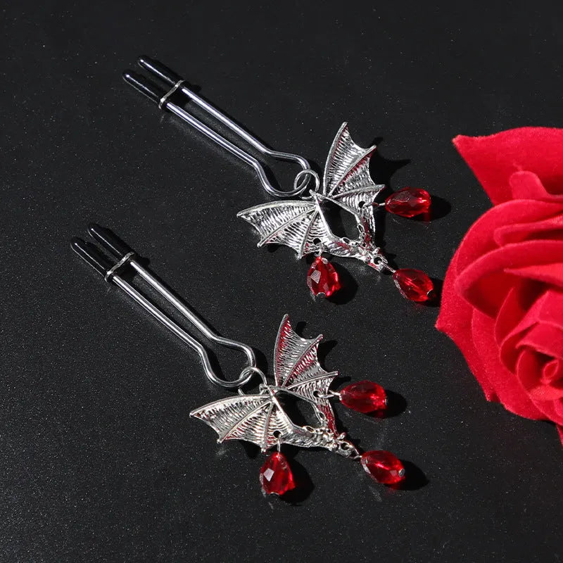 Silver alloy diamond bat nipple clamp with ruby bat clip design for adjustable stimulation