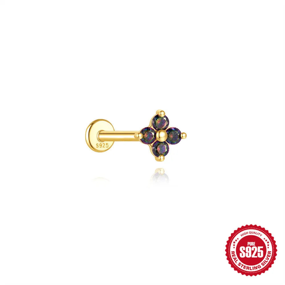 S925 sterling silver flat head thread piercing with a shiny rainbow stone in a gold setting.
