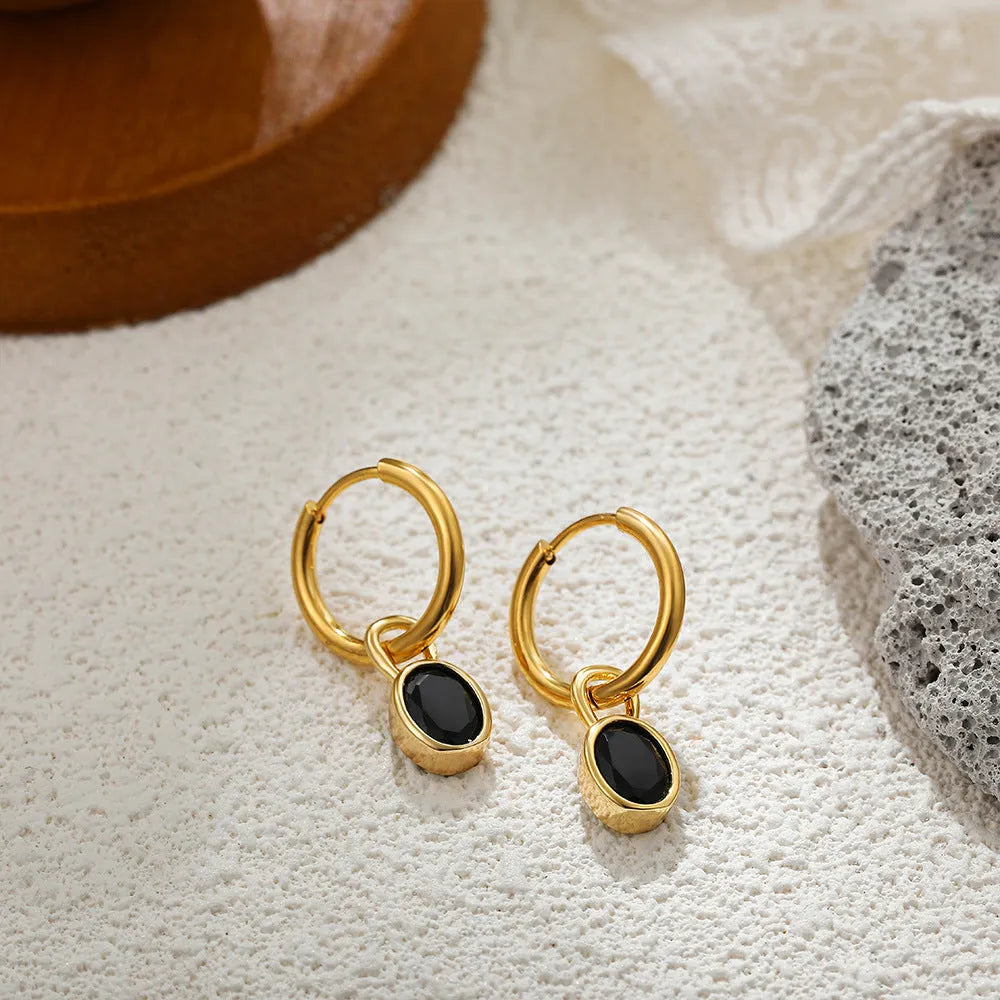 Women's copper drop earrings with oval zircon stone in six colour variations