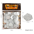 Set of 100 plastic replica Roman pirate coins with gold, silver, or bronze electroplated finishes.