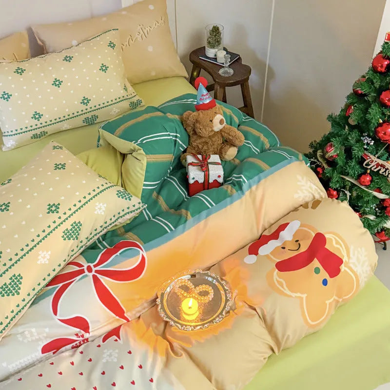 Christmas bedding four-piece set with cartoon print including sheet, quilt cover and pillowcases