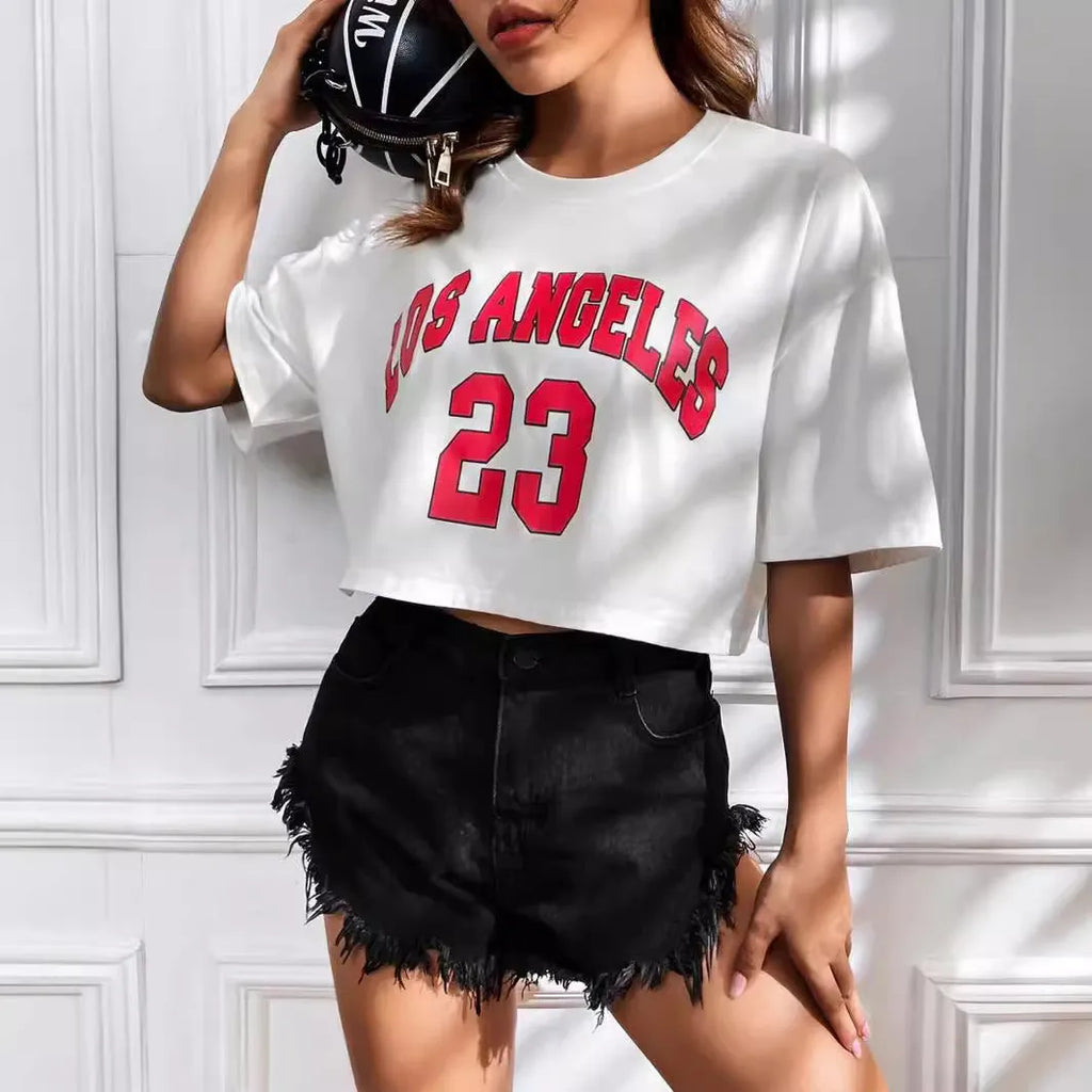 Women's personalised English letters summer t-shirt with exposed navel design in loose cotton fabric