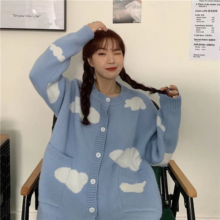 Blue cloud pattern women's spandex cardigan sweater with loose fit and regular sleeves