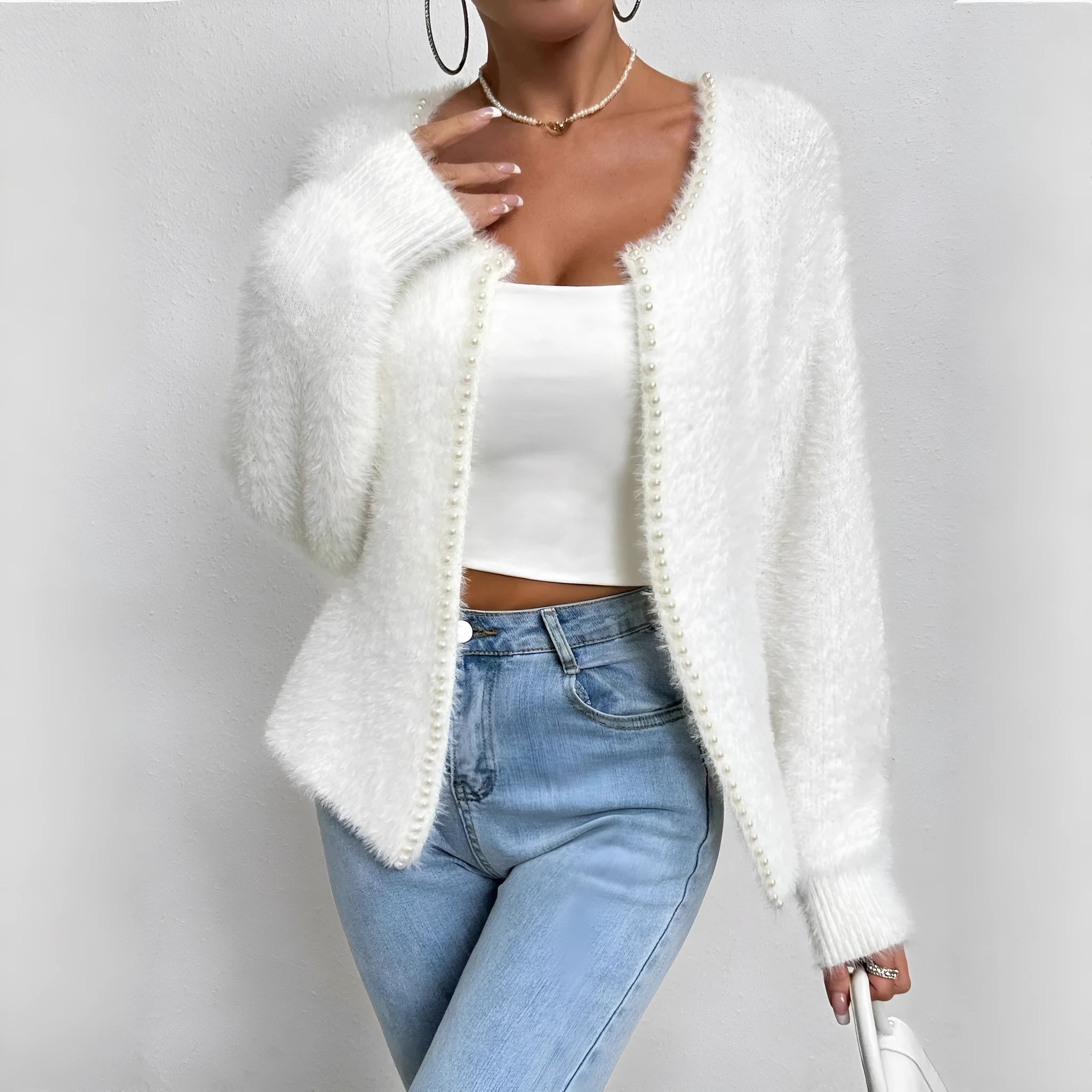 Women's white V-neck cardigan with beaded knit detail, medium thickness, 50cm length