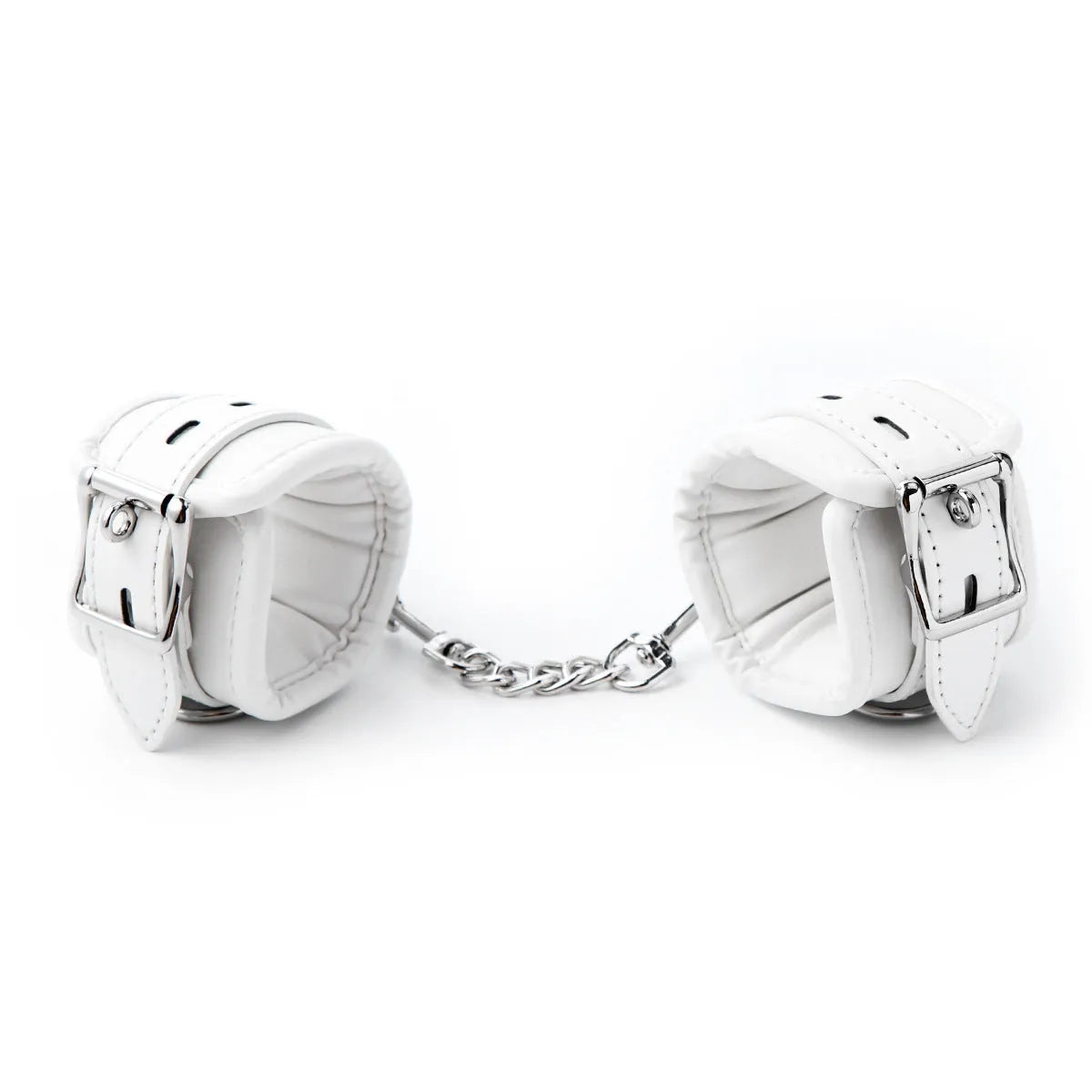 White PU sponge bondage restraint set showing handcuffs, foot cuffs, and neck scarf
