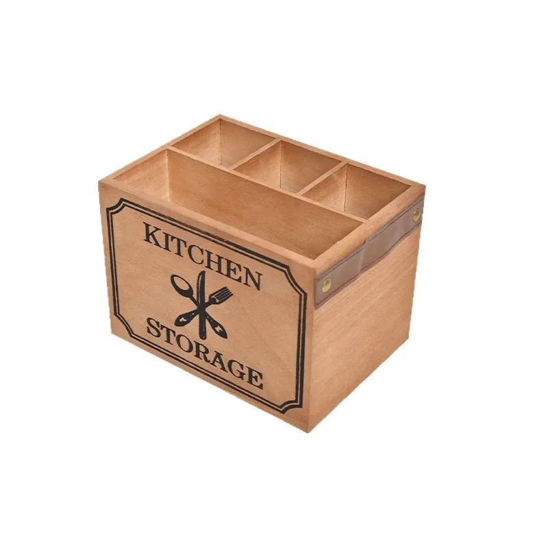 Wooden kitchen storage box with grid divider for knives, forks, and chopsticks