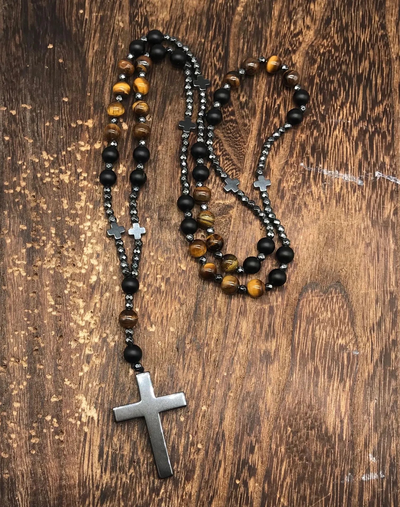 Men's stone geometric cross pendant necklace on an 80cm ball bead chain