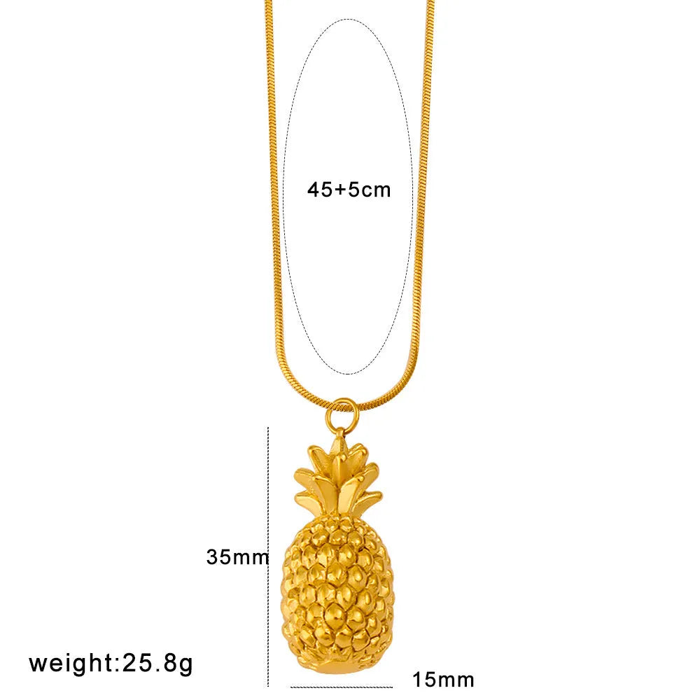 Stainless steel fruit necklace pendant with six design options including apple, grape, watermelon, pineapple, strawberry, and banana