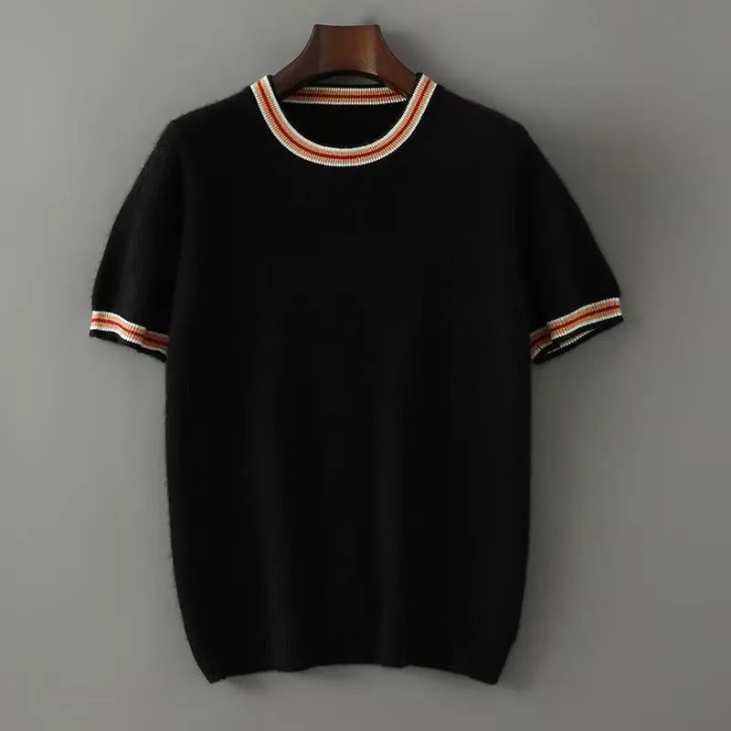 Men's short sleeve pure wool sweater in grey with round neck pullover design