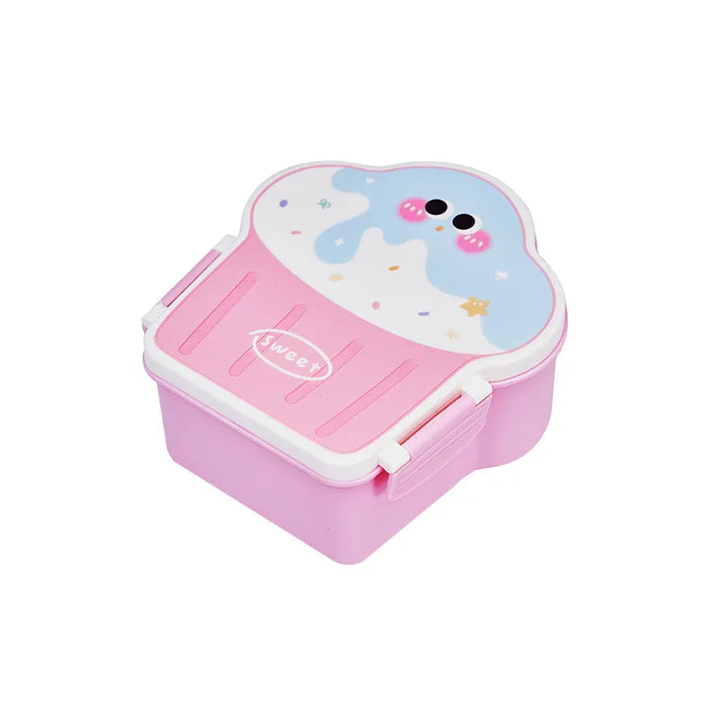Creative ice cream shaped plastic lunch box with compartments in pink or blue, includes spoon and fork