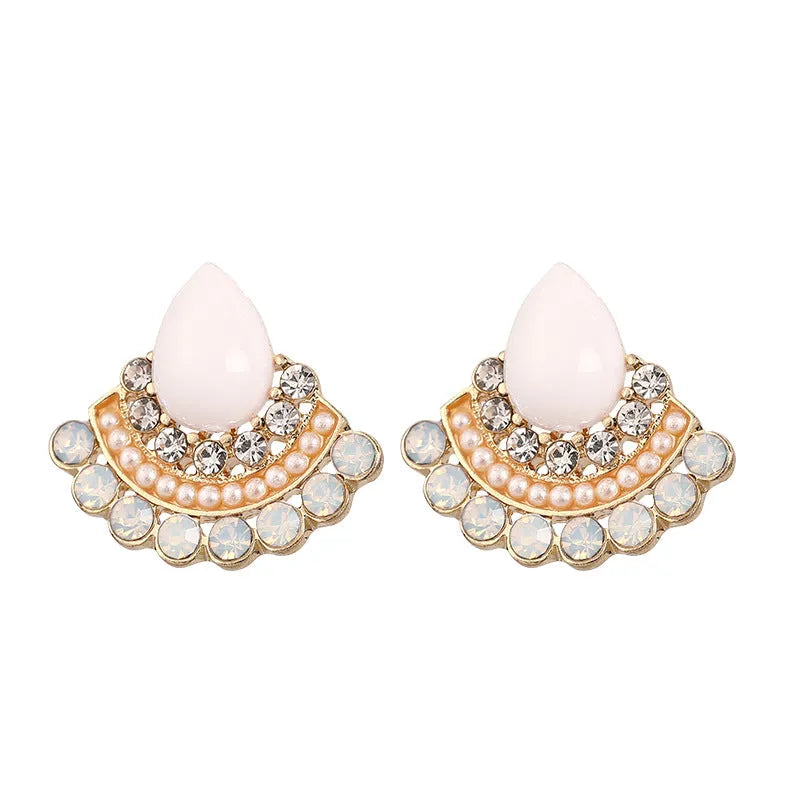 Women's retro geometric fan-shaped earrings with rhinestones on electroplated silver surface