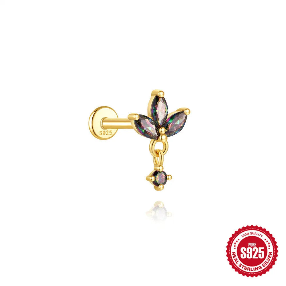 S925 sterling silver flat head thread piercing with a shiny rainbow stone in a gold setting.
