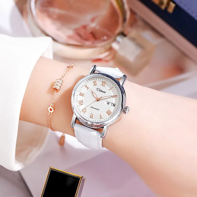 Women's automatic mechanical watch with 12mm thickness showing multiple colour strap and dial options
