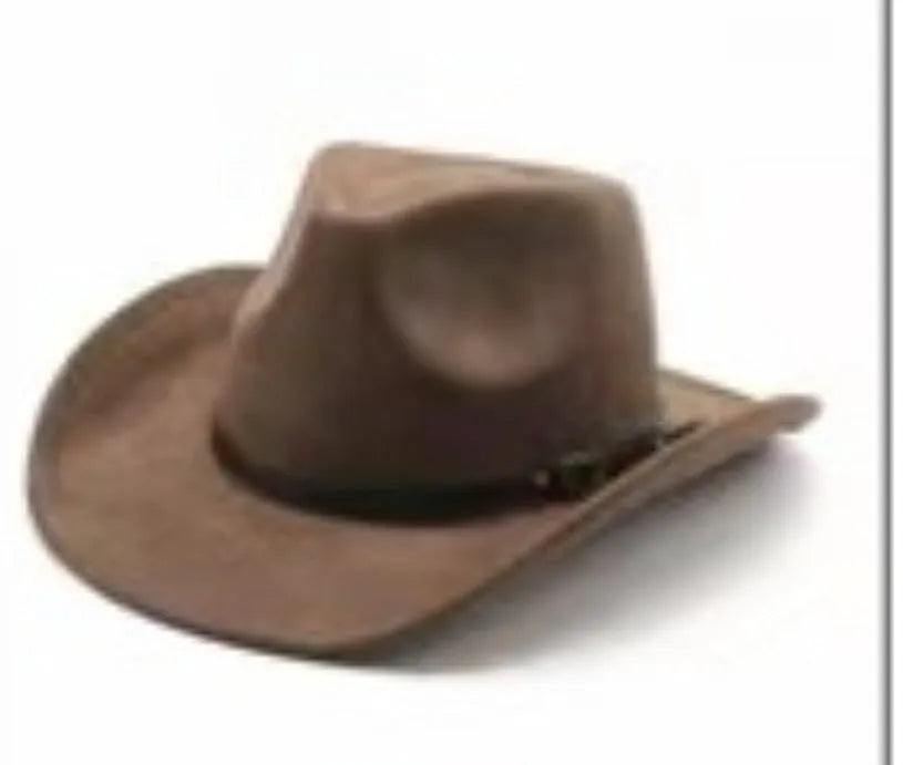 Brown leather velvet cowboy hat with a curved edge and conical crown on a plain background.