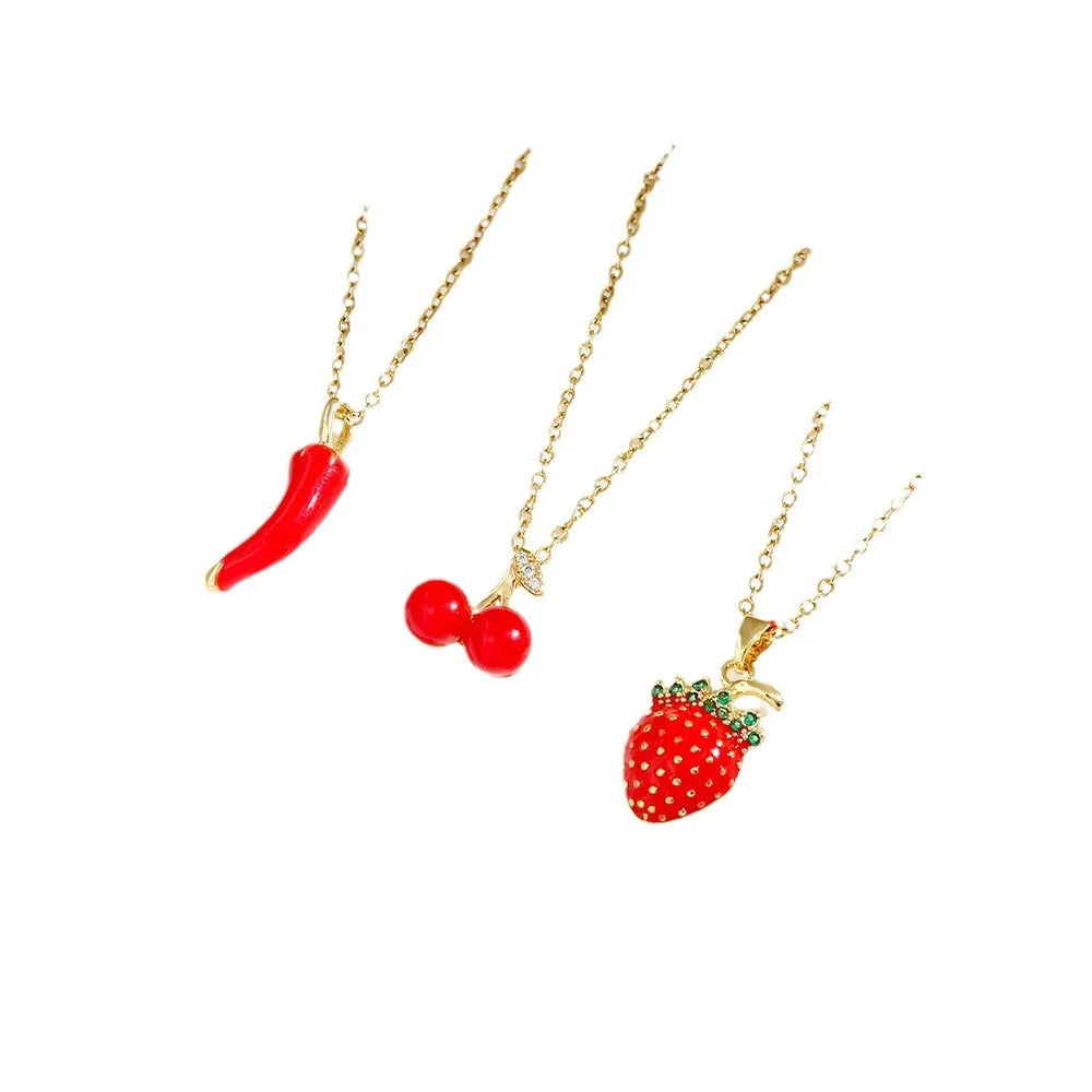 Titanium steel women's necklace with golden cherry pendant and O-ring chain design