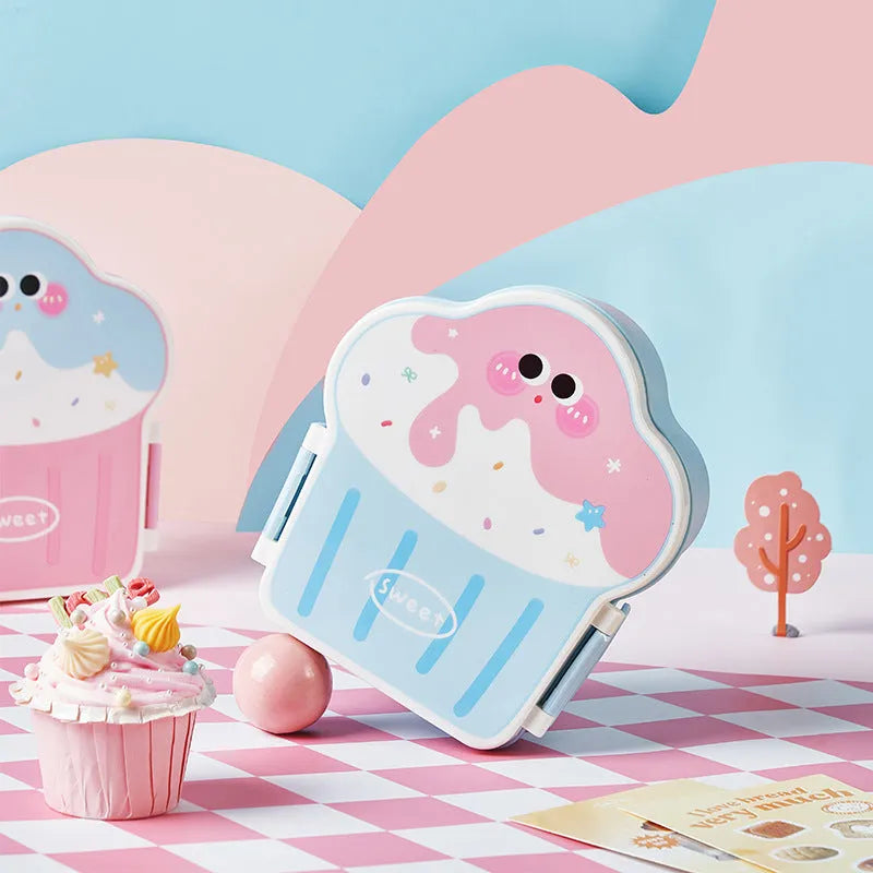 Creative ice cream shaped plastic lunch box with compartments in pink or blue, includes spoon and fork