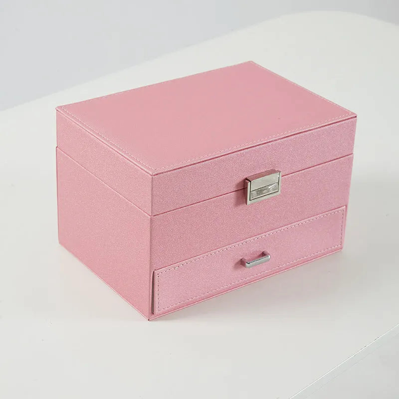 Hard case PU leather jewelry storage box in black, pink, rose gold, or beige