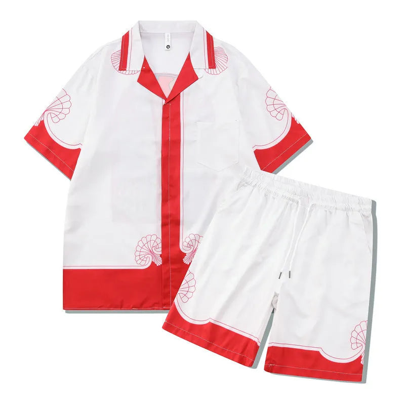 Plaid print beach short sleeve shirt and pants outfit set in European American style