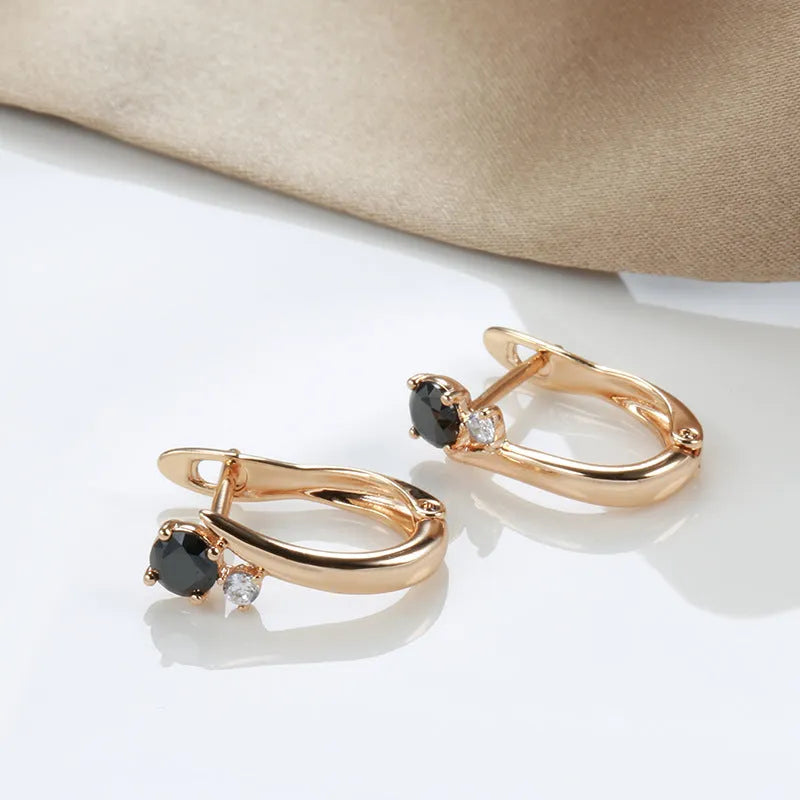 Women's black agate drop earrings with geometric gold-plated retro patterning