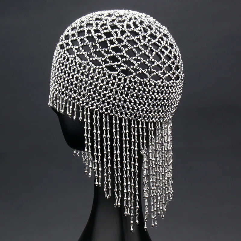 Handmade beaded belly dance headwear with alloy mesh and long tassel in silver.