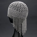 Handmade beaded belly dance headwear with alloy mesh and long tassel in silver.