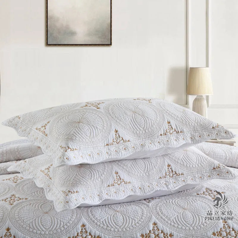Pure cotton embroidered bed cover three-piece set with pleating details for 1.8 metre beds
