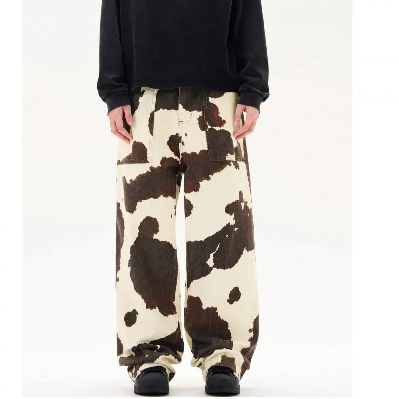 Men's straight-leg trousers with American retro cows pattern in cotton blend fabric