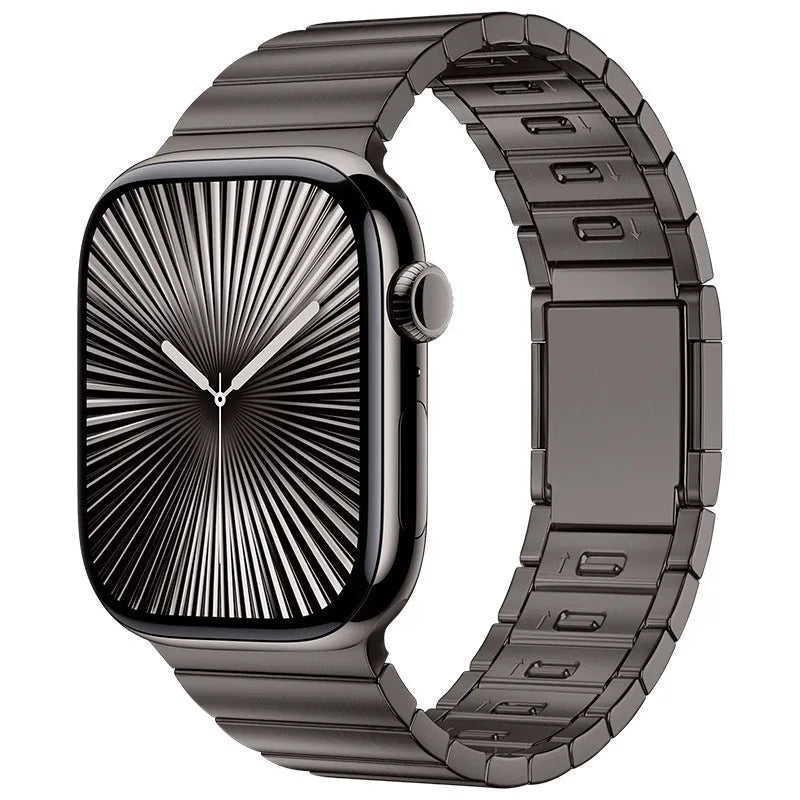 Stainless steel Apple Watch strap with magnetic buckle in silver colour showing business style design