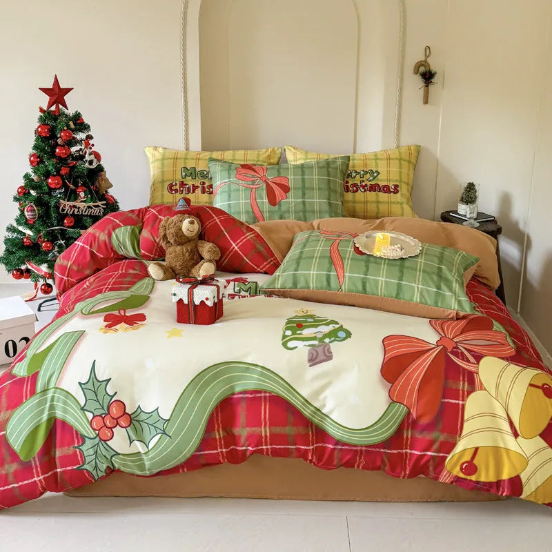 Christmas bedding four-piece set with cartoon print including sheet, quilt cover and pillowcases