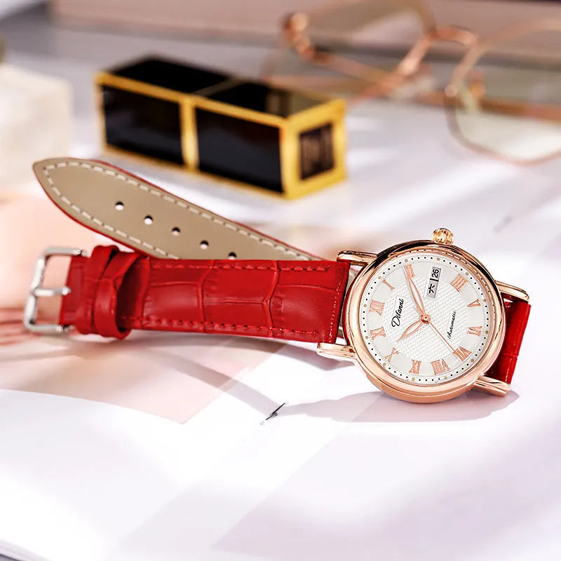 Women's automatic mechanical watch with 12mm thickness showing multiple colour strap and dial options