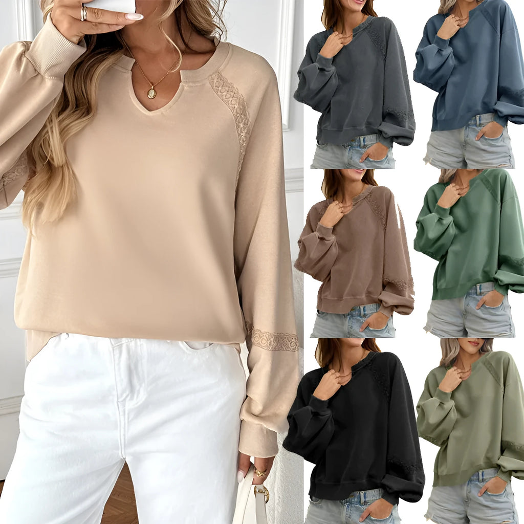 Women's loose fit half-open collar sweater with stitching and lace details in solid colour