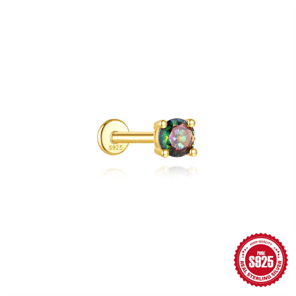 S925 sterling silver flat head thread piercing with a shiny rainbow stone in a gold setting.