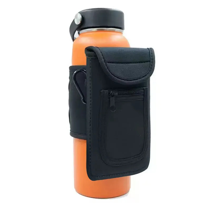 Cloth fitness bottle sleeve with magnetic closure and carabiner option in multiple colours