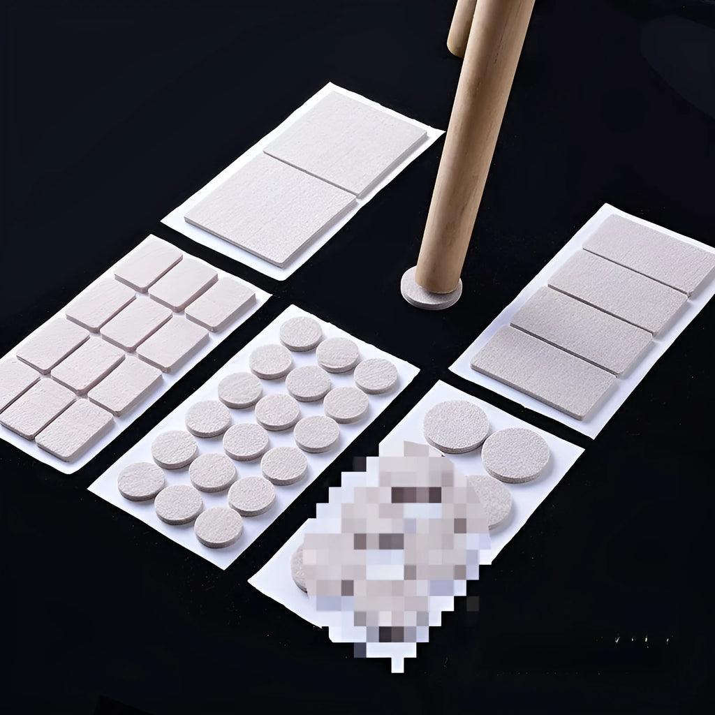 Beige plastic furniture protection pads in multiple sizes including round and square shapes