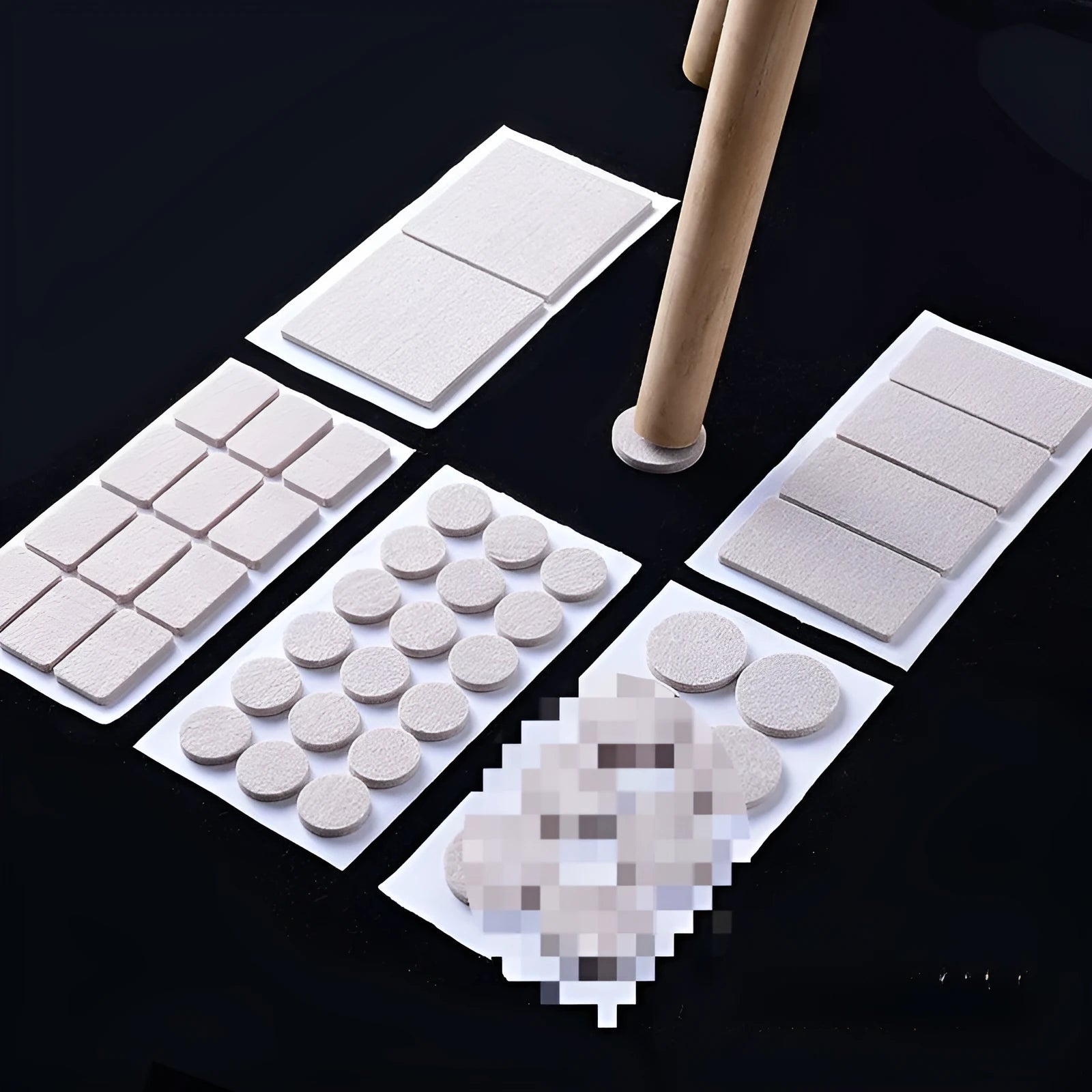 Beige plastic furniture protection pads in multiple sizes including round and square shapes
