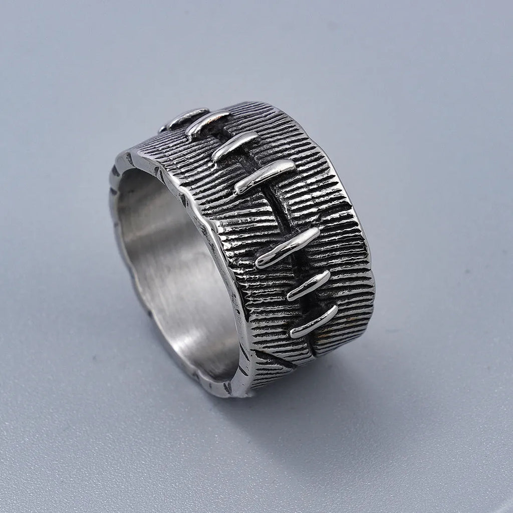 Dark punk style titanium steel ring with stitched geometric U-shape double ring design in retro colour.