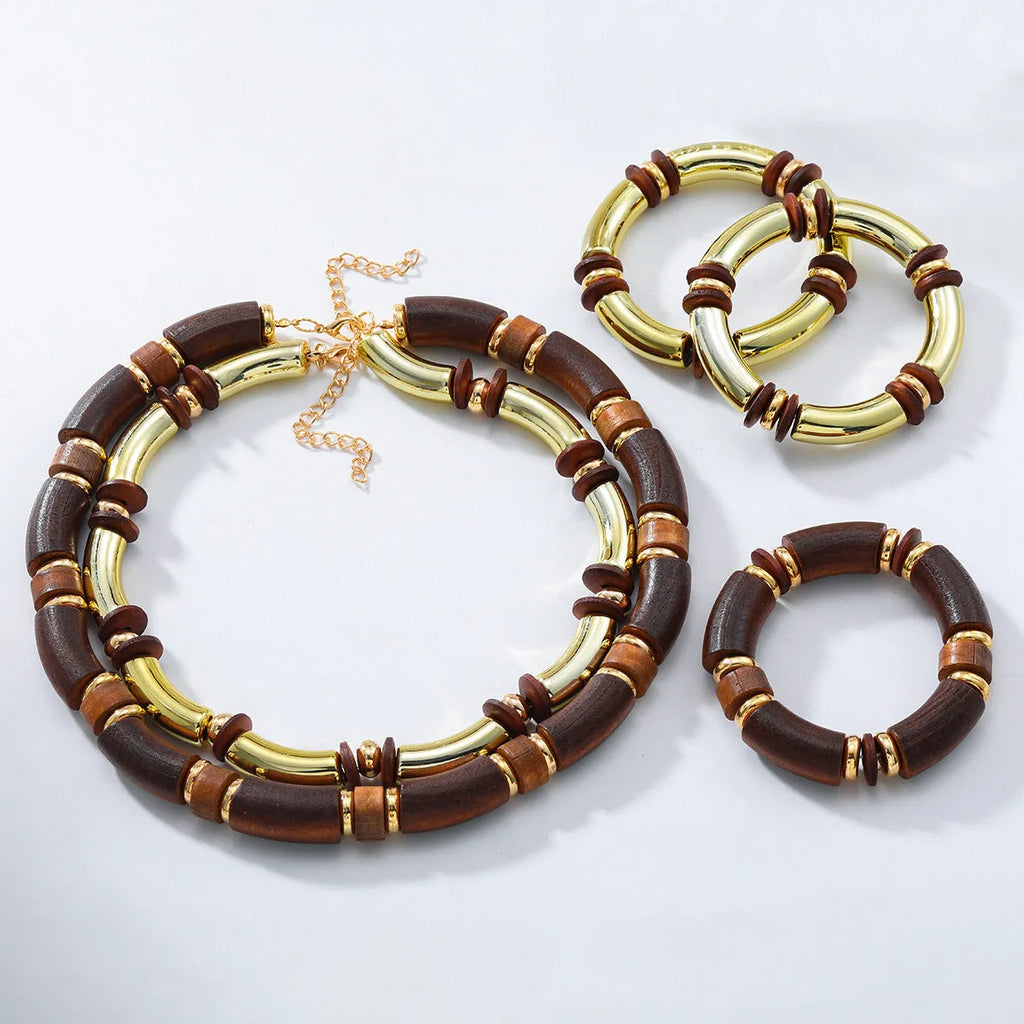 Women's multi-layer wooden necklace and bracelet set with alloy construction and European styling