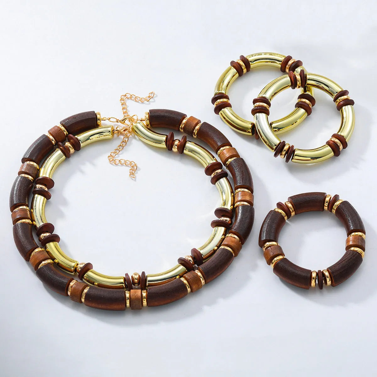 Women's multi-layer wooden necklace and bracelet set with alloy construction and European styling