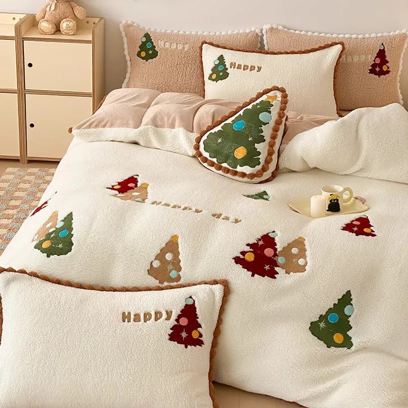 Bright yellow fleece-lined four-piece bedding set with a cartoon winter Christmas tree pattern.