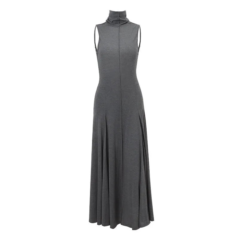 Grey slim-fit backless dress with half turtleneck and sleeveless design for women's evening wear