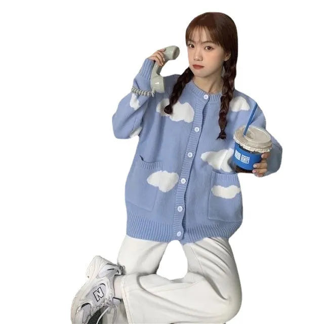 Blue cloud pattern women's spandex cardigan sweater with loose fit and regular sleeves