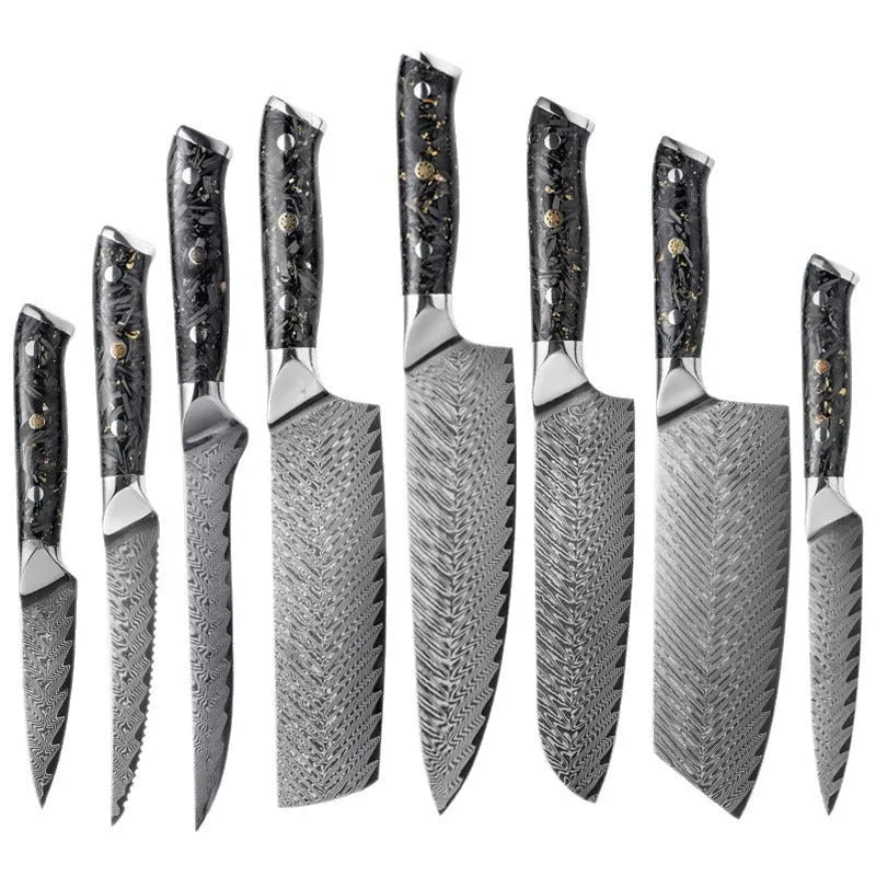 Eight-piece Damascus steel kitchen knife set showing fishbone pattern and different blade sizes