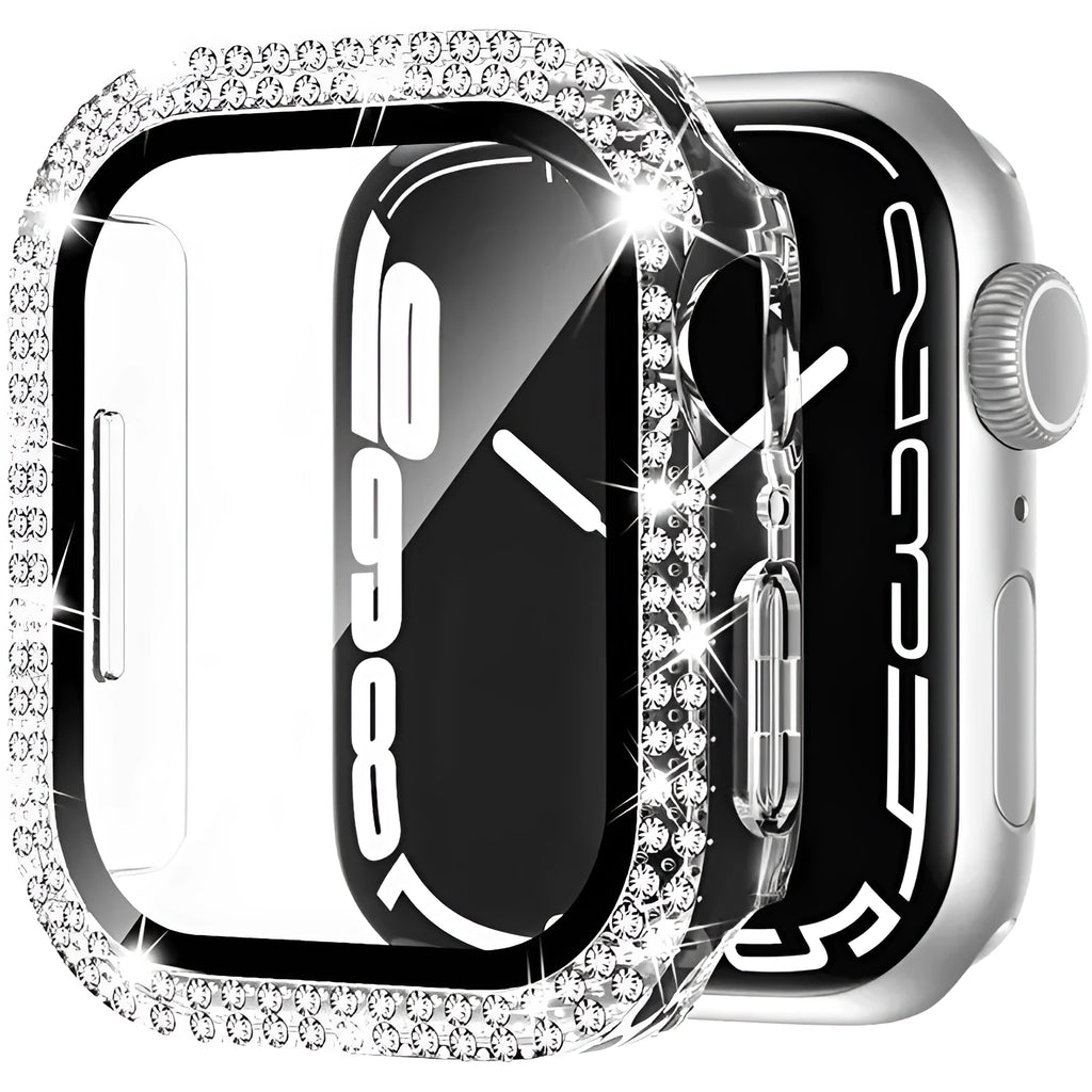 Apple Watch case with double diamond glass in rose pink, gold, and silver colour options on a table.
